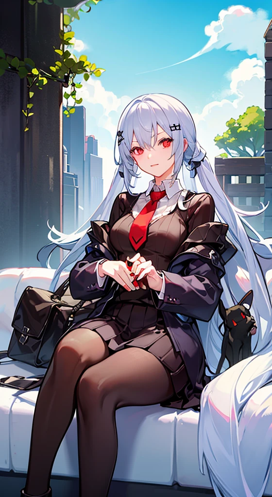Girl with long white hair, red eyes, sitting on a guy