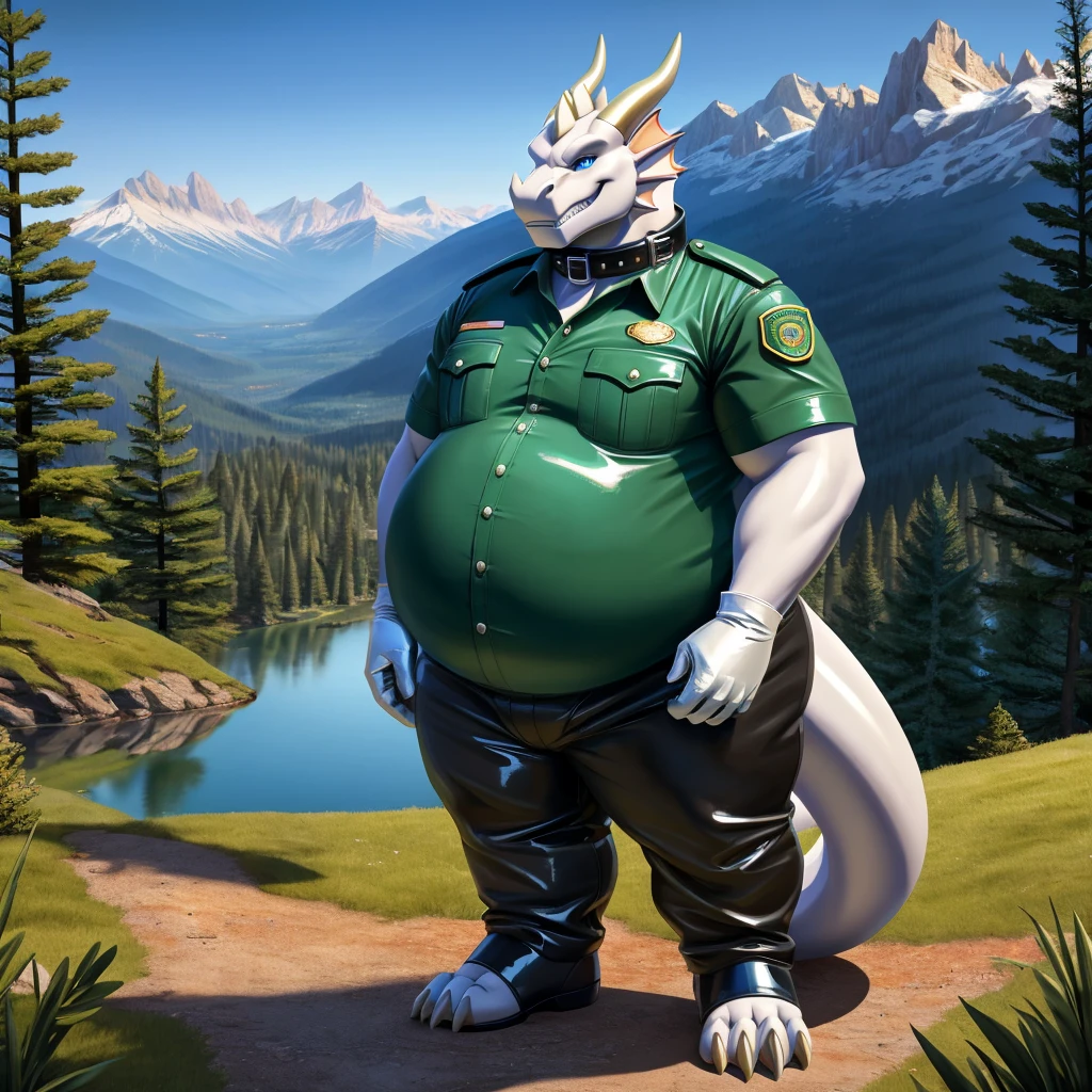 solo, full body, Male, fat, extremely obese, Dragon, park ranger, trousers, outdoor, park ranger uniform, collared shirt with buttons, blue eyes, (soft shading), 4k, hi res, ((detailed face, detailed)), looking at viewer, evil grin, Dragon is wearing the collared shirt and leather collar at the same time, Dragon is wearing a glossy leather dog collar around the neck, Dragon is wearing white rubber gloves on the hands, white rubber gloves on the feet, gloves are rubber in texture, leather collar is shiny, leather collar is extremely detailed, rubber gloves are glossy, Evergreen pine forest and mountains national park in the background, Environmental protection area.