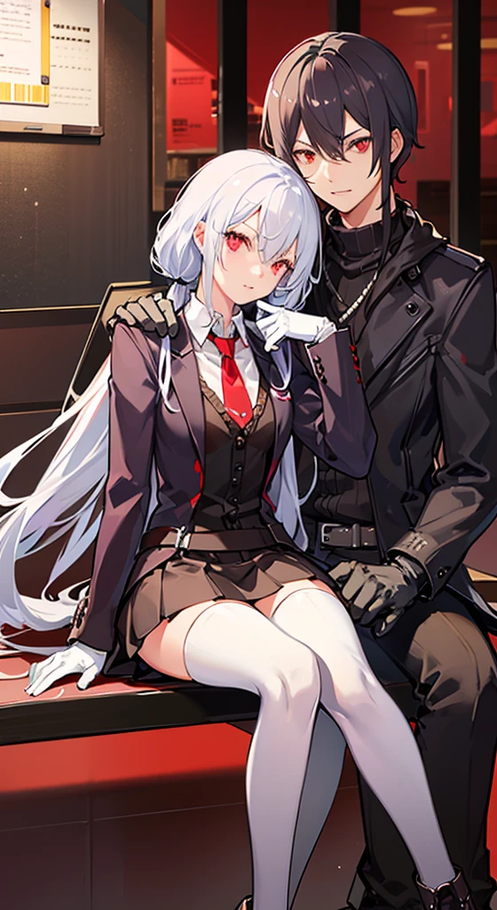 Girl with long white hair, red eyes, sitting on a guy