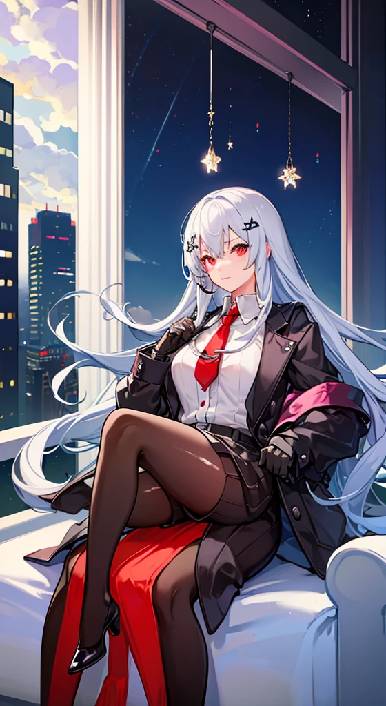 (giantess:1.5),1girl,sitting on building, ////////////// ,building,crowd, goth girl, jacket, yellow eyes, grey hair,