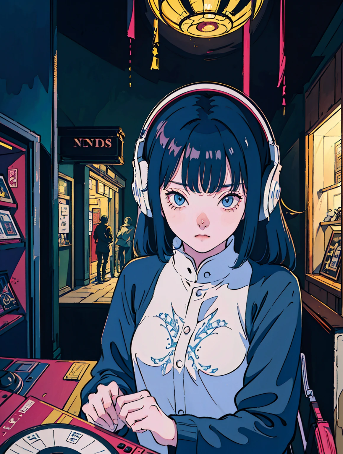the naruto character, Naruto himself, listening to music sitting in your bed using headphones, Send a message why you, super detaill, Onda vintage, cyber punk, sad atmosphere, Bright light through the windows, night time scene, A room, 2d, (shot from afar), wide plan, (Film noise), ANTIQUE CARTOON, (Many records: 1.3), vinyl record store, (work of art, very high quality, very high quality, offcial art, beautiful and aesthetic: 1.2), (very detailled, (Fractal Art: 1.4 ), guitar, (banknotes: 1.4), (Hip-hop lo-fi), lateral view, Old anime textures, standing alone, Speakers, cyber punk, vinyl, natta. ultra wide entrance cena