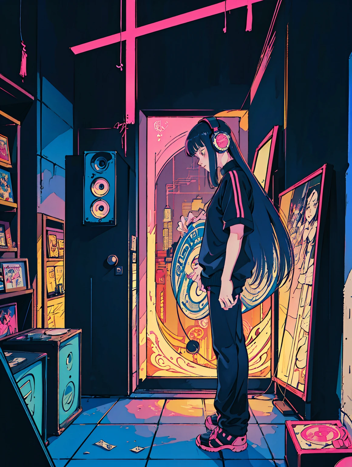 the naruto character, Naruto himself, listening to music sitting in your bed using headphones, Send a message why you, super detaill, Onda vintage, cyber punk, sad atmosphere, Bright light through the windows, night time scene, A room, 2d, (shot from afar), wide plan, (Film noise), ANTIQUE CARTOON, (Many records: 1.3), vinyl record store, (work of art, very high quality, very high quality, offcial art, beautiful and aesthetic: 1.2), (very detailled, (Fractal Art: 1.4 ), guitar, (banknotes: 1.4), (Hip-hop lo-fi), lateral view, Old anime textures, standing alone, Speakers, cyber punk, vinyl, natta. ultra wide entrance cena