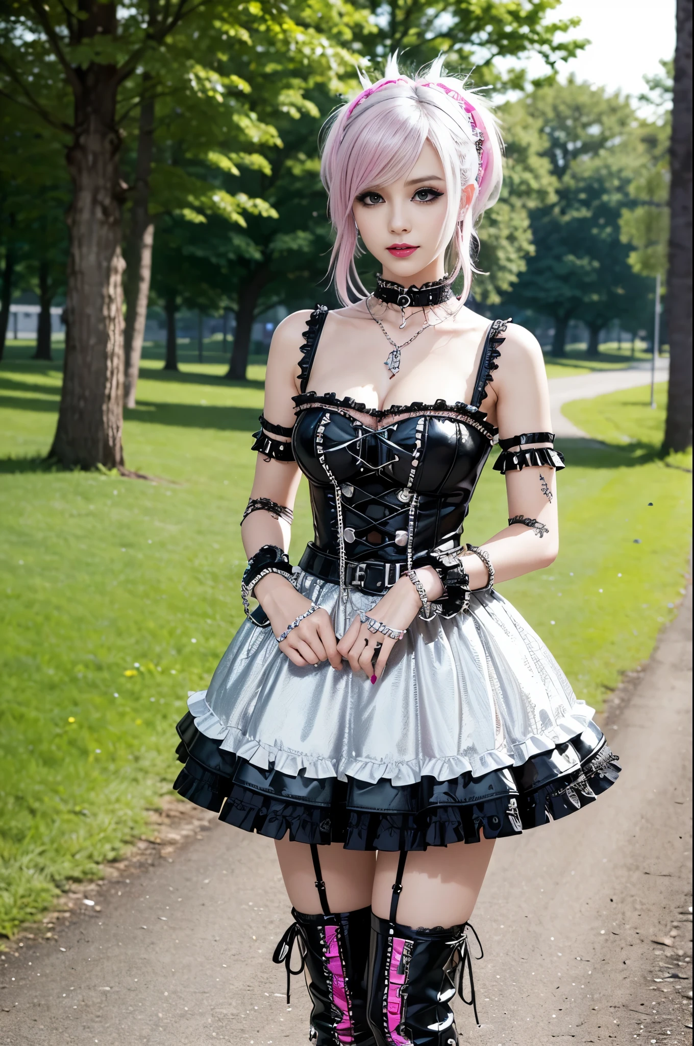 sexy stylish Swedish model, only 1 female, ((doll-like appearance)), short neon pink stylish hair, ((shiny Punk-Style boots)), (beautiful smile), ultra detailed eyes, Punk makeup, lipgloss, ((sexy Punk Lolita cosplay)), unconventional skirt, petticoats, high neckline, ((ultra detailed lace)), ((ultra detailed embroidery)), intricate details, tartan patterns, (silver chains), (silver spikes), (safety pins), Punk Lolita accessoires, Punk Lolita choker, ((large sparkling Punk Lolita jewelry)), cinematic light, detailed large park background with trees