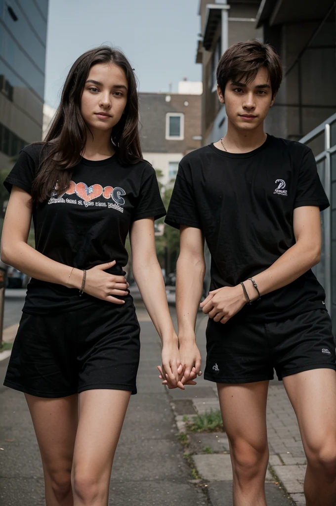 heterosexual couple of age lovers of 12 yding hands, a boy and a girl, both in black t-shirts, seen from the front and with black bracelets on their arms holding hands. both the same height and wearing a black t-shirt with tanned skin and a black bracelet on the same arm where they are holding hands. The couple's arms must be close to each other.