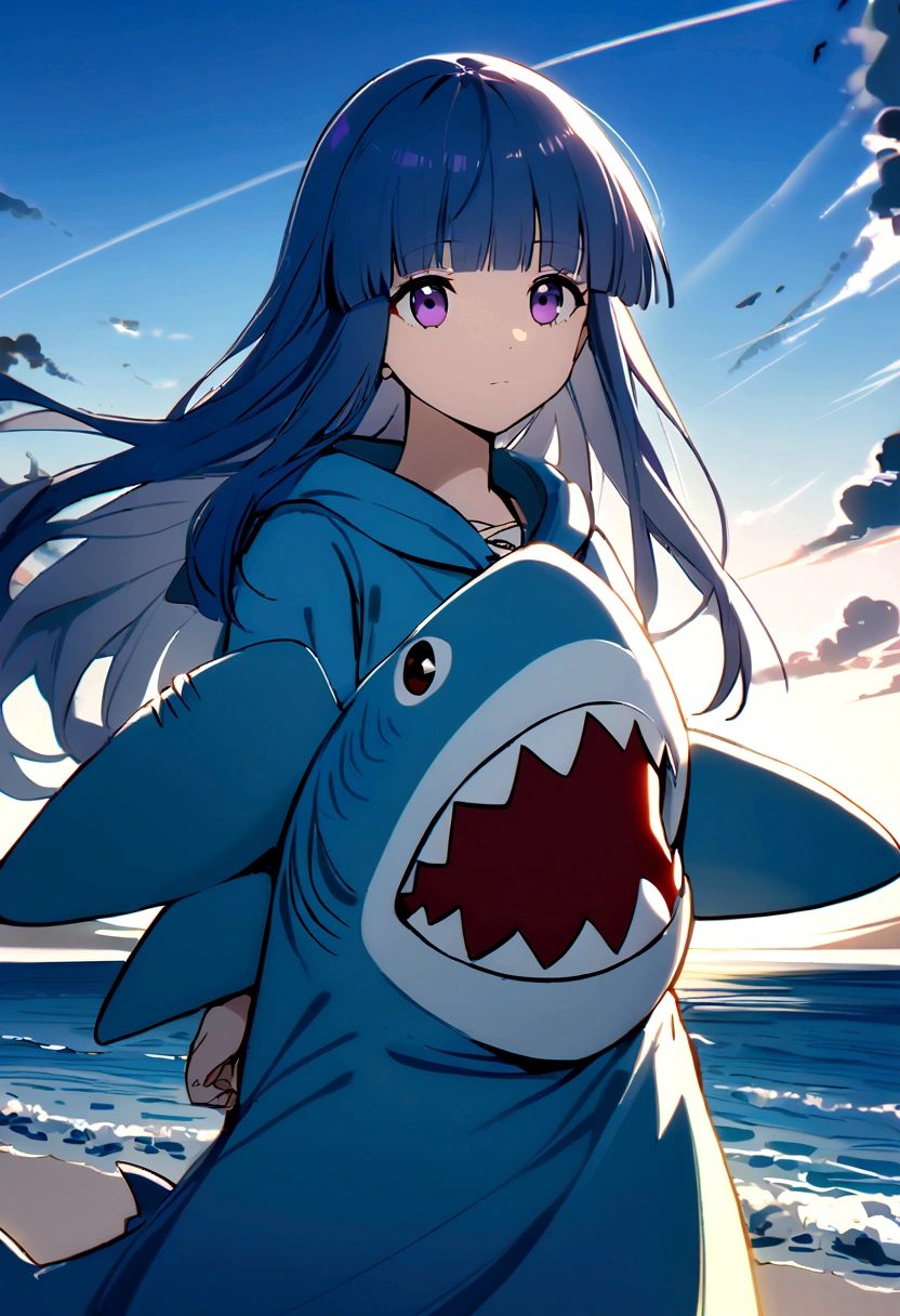 1 Girl, alone, Blue Hair, Purple eyes, Long Hair, blunt bangs, bangs,(Shark Costume), Shark Costumeを着た***が、A scene showing him bravely standing as the protector of the sea。The waves danced around her、Mysterious light effects added。She stands strong as a hero of the sea.、There is a blue sky in the background。