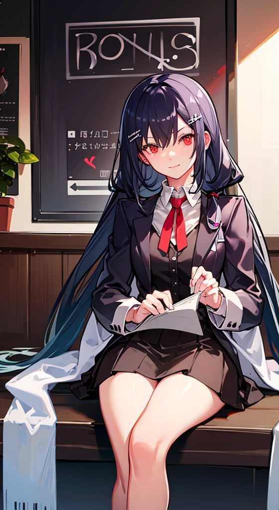Girl with long white hair, red eyes, sitting on a guy with long black hair