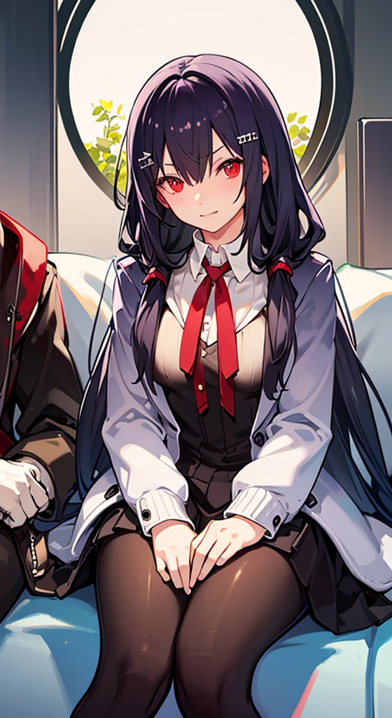 Girl with long white hair, red eyes, sitting on a guy with long black hair