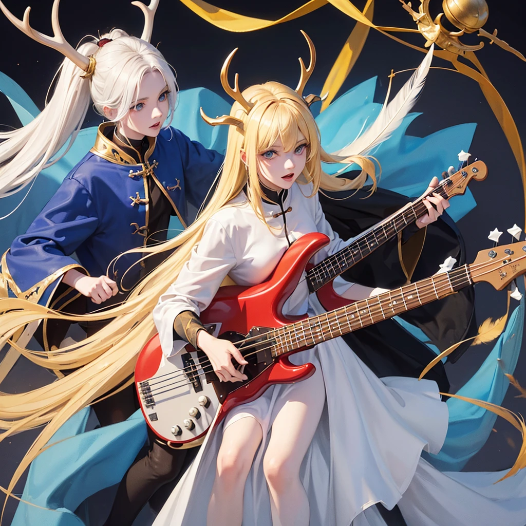 Make a blonde angel, blue colored eyes, bass guitar, bonitas, dressed in a long cloak, Caucasian skin, and 4 Also make a demon, with black hair, red skinned, antlers, sharped teeth, yellow  eyes, Cao Cao, with feathers a cloth that covers the private parts Make the two as a couple