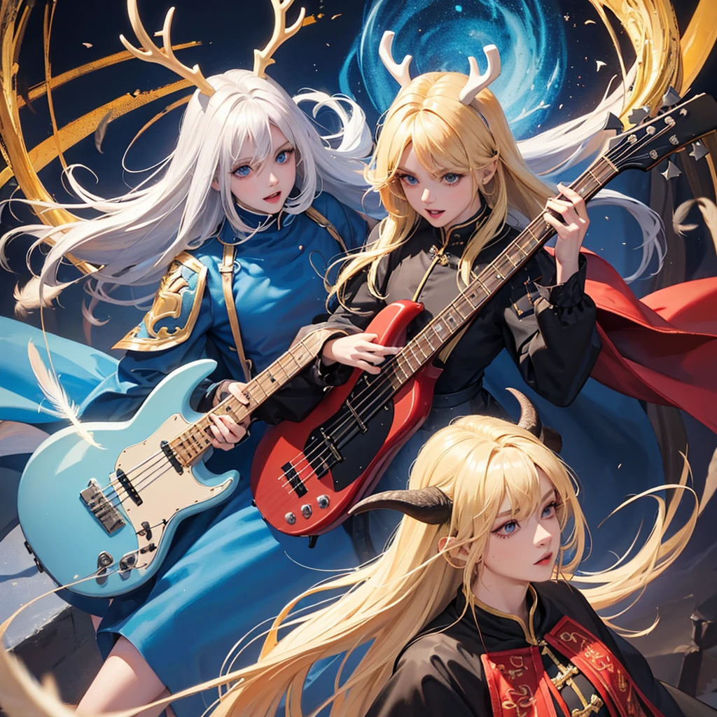 Make a blonde angel, blue colored eyes, bass guitar, bonitas, dressed in a long cloak, Caucasian skin, and 4 Also make a demon, with black hair, red skinned, antlers, sharped teeth, yellow eyes, Cao Cao, with feathers a cloth that covers the private parts Make the two as a couple