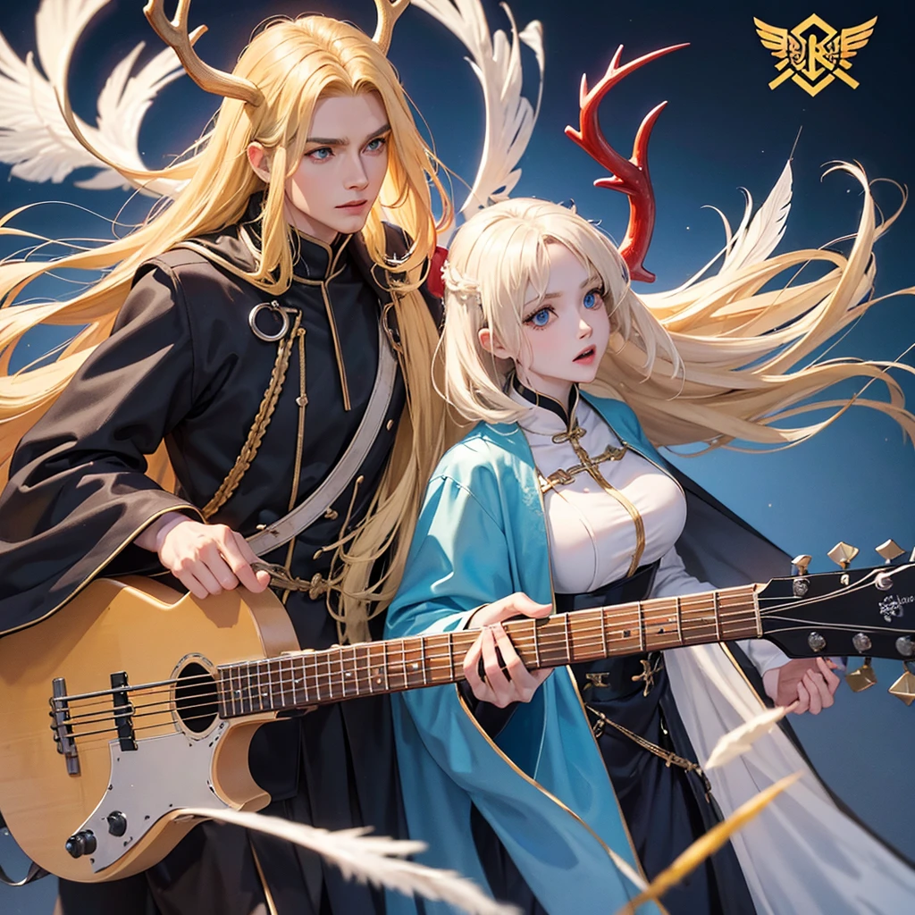 Make a blonde angel, blue colored eyes, bass guitar, bonitas, dressed in a long cloak, Caucasian skin, and 4 Also make a demon, with black hair, red skinned, antlers, sharped teeth, yellow  eyes, Cao Cao, with feathers a cloth that covers the private parts Make the two as a couple