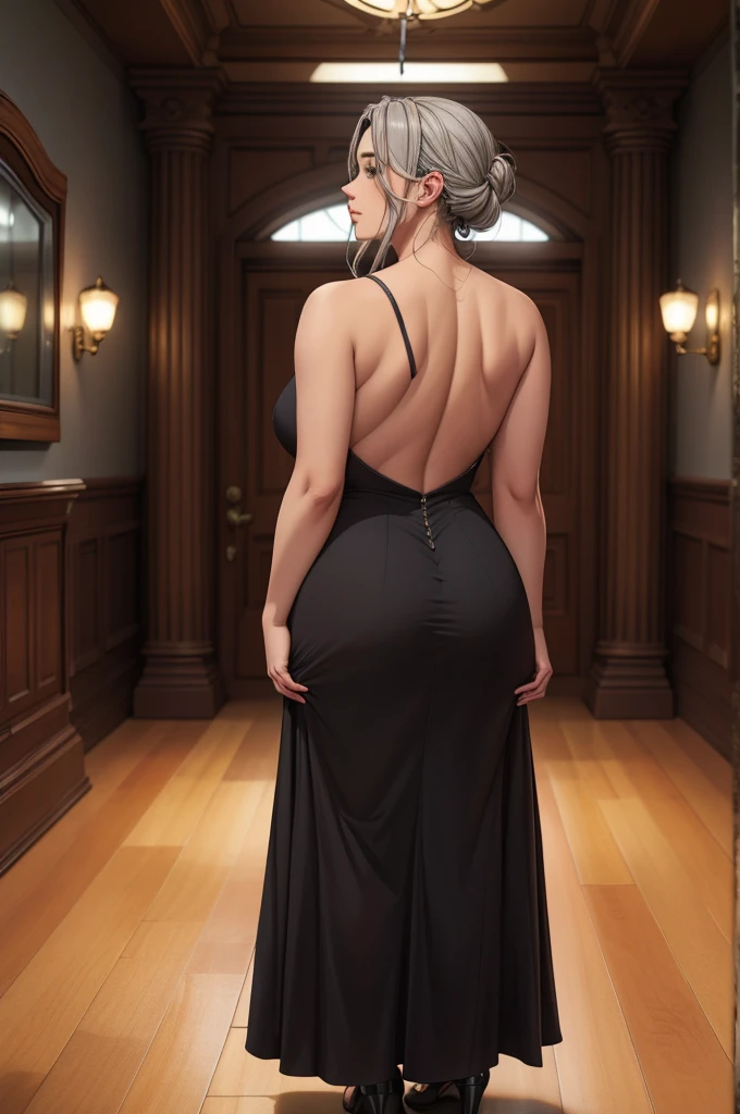 (Highest quality,8K,masterpiece:1.2),Very detailed,One girl, Gray two-tone hair,dress,Long skirt,Beautifully detailed face, Complex,Dramatic lighting,4K,Detailed Background,Caustics,Portraiture,Full Body Shot,Looking at the audience,Back view, Her ass is a nice round shape、The curve is clear, Beautiful lighting enhances the overall atmosphere. Full Body Shotで彼女を魅力的に見せましょう.