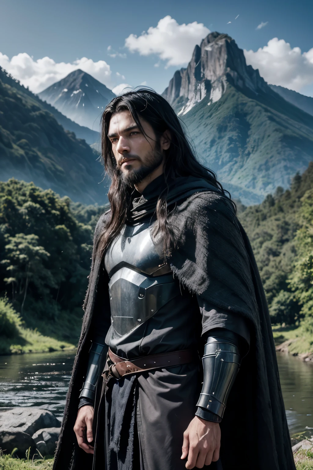 a human warrior ,long and wavy black hair, face looking forward ,medium beard, black and gray worn armor  ,torn gray cloak ,on top of a ridge, in the background a tropical forest with a river ,mountains in the background, on the background blue sky