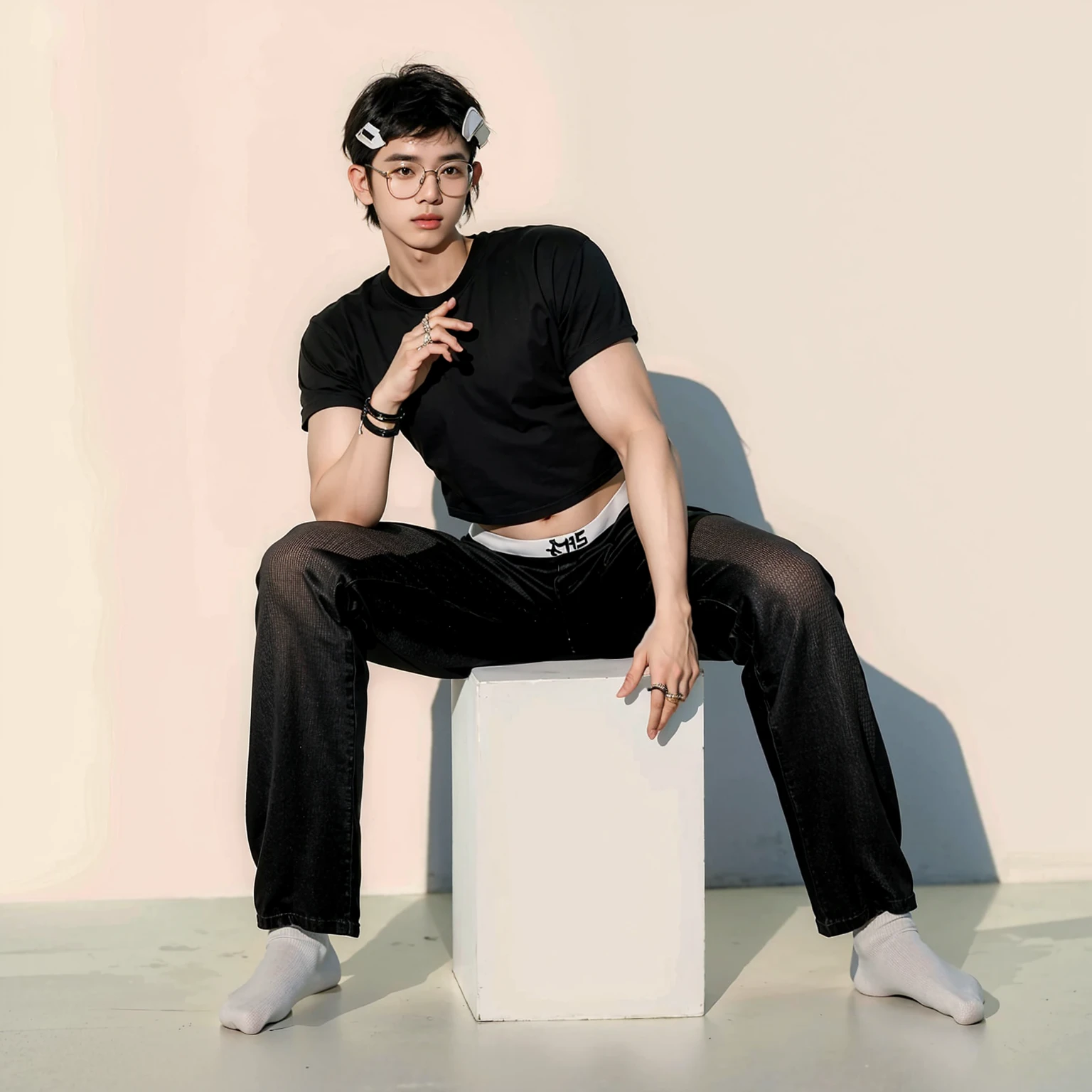 Asian boy, good lighting, smooth hair, glossy skin, blur background, high quality, 8k resolution, sitting at the cube, glossy floors, socks, hairclips, glasses, bracelet, crop top