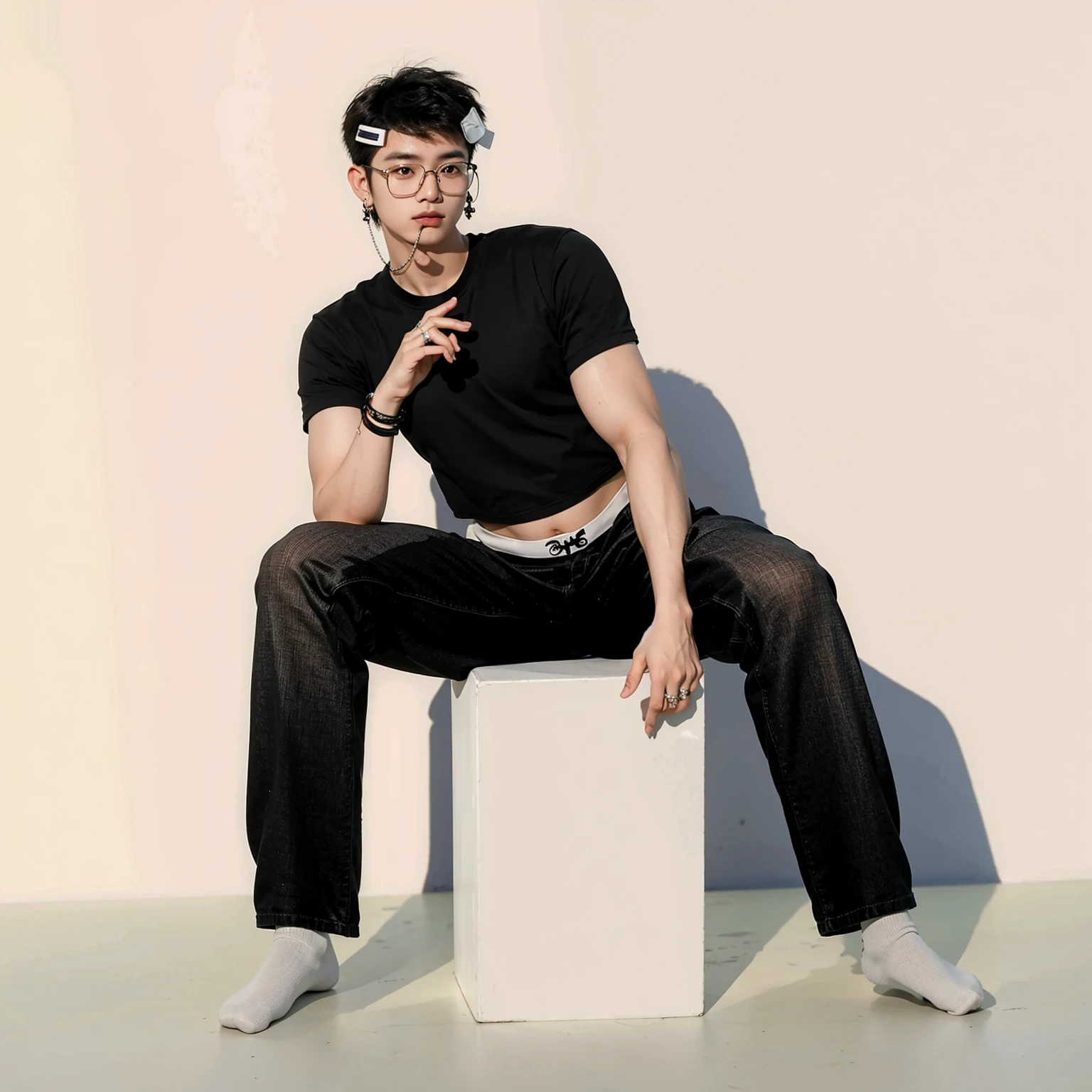 Asian boy, good lighting, smooth hair, glossy skin, blur background, high quality, 8k resolution, sitting at the cube, glossy floors, socks, hairclips, glasses, bracelet, crop top
