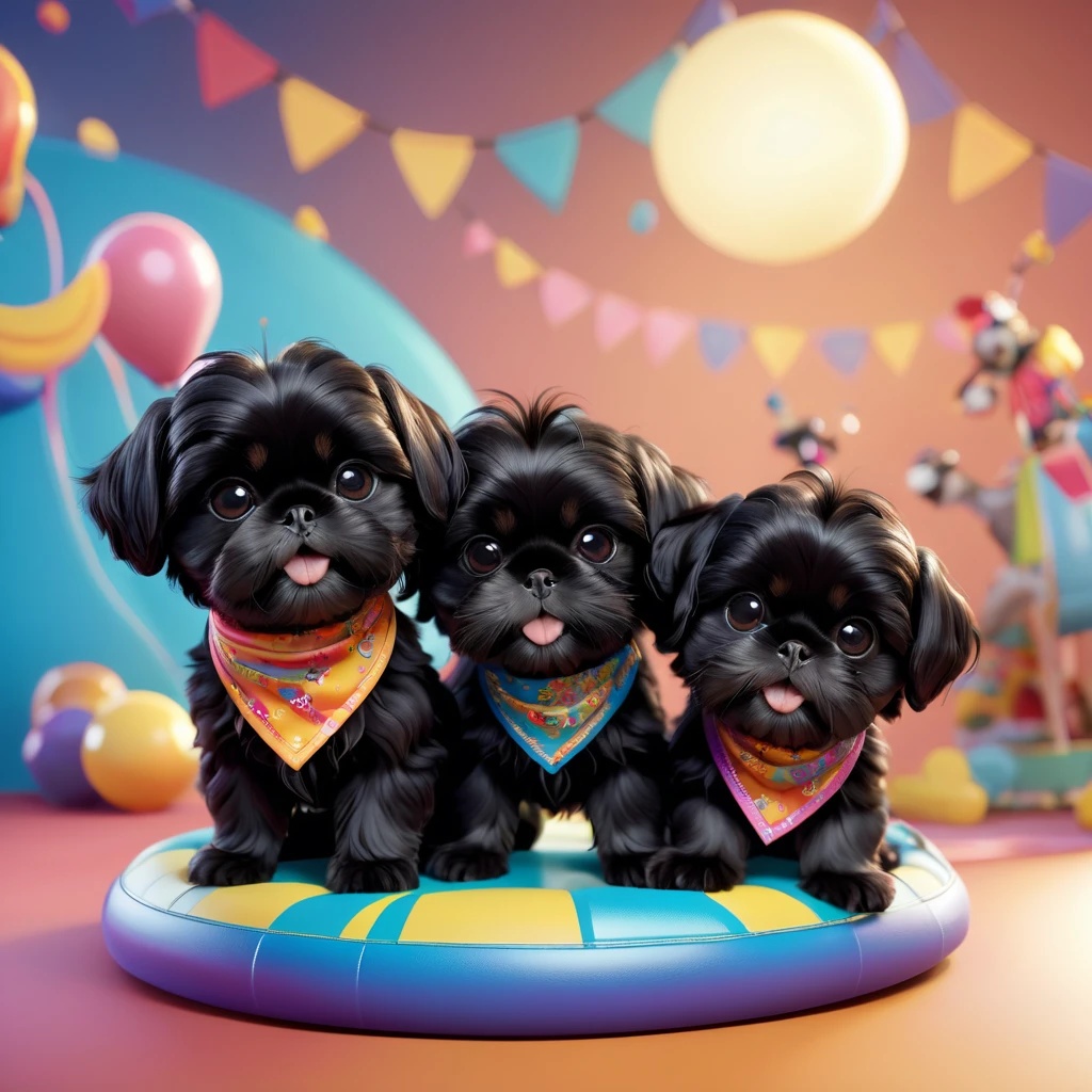 2 Adorable small black Shih Tzu puppies wearing bright bandannas sunglasses on porch swing Disney background 3d cartoon 3d render disney pixar style