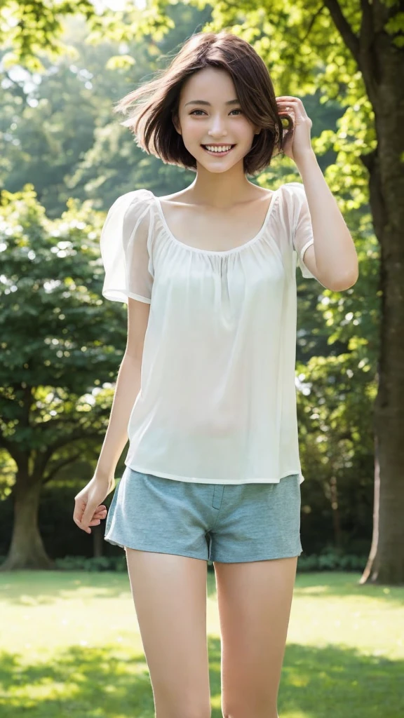 young girl, resembling the model in the provided image, with E cup size, wearing light clothing and shorts, standing in a park, bright and sunny day, greenery and trees around, casual and relaxed atmosphere, neat and fresh look, short hair, smiling brightly, in a lively and dynamic pose with legs spread, capturing an energetic moment, outdoors,She is not wearing underwear and her vagina is visible.