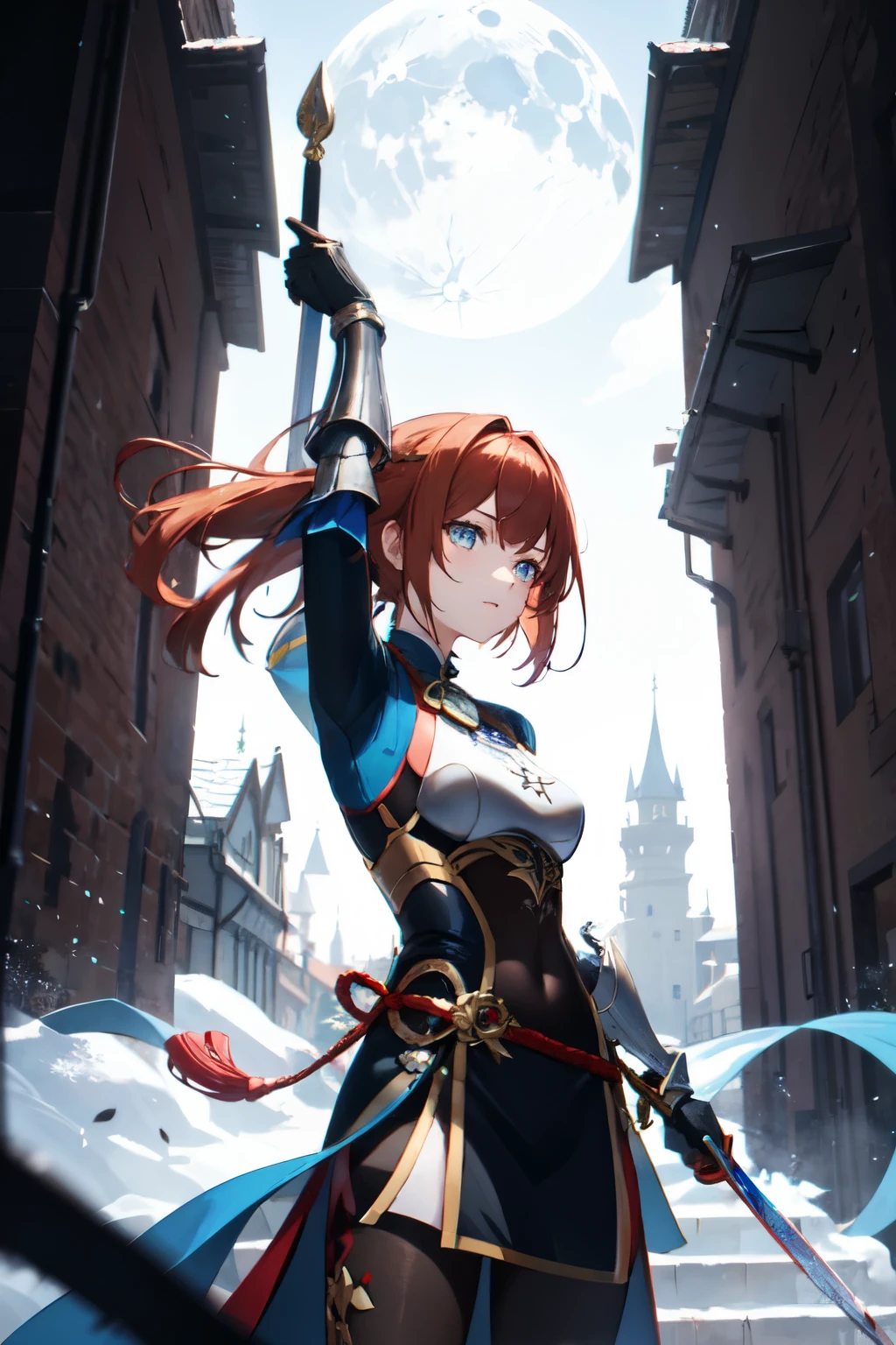 1 girl, plate armor, shorth hair ,Reddish blonde hair, blue colored eyes, castle, moonlights, magie, paisaje, bloodstains, Depth of field, natta, Light particles, lightrays, side lighting, Destiny \(Series\), impacto genshin,wielding two swords