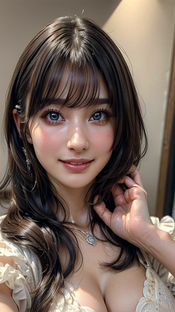 (high quality , Super detailed:1.2 ) , (Highly detailed beautiful face:1.4), ((Highest quality)), ((masterpiece)),smile ,beautiful woman, (be familiar with), perfect face、(8K, highest quality, masterpiece:1.2),(ultra high resolution:1.0),((Natural big breasts:1.2))