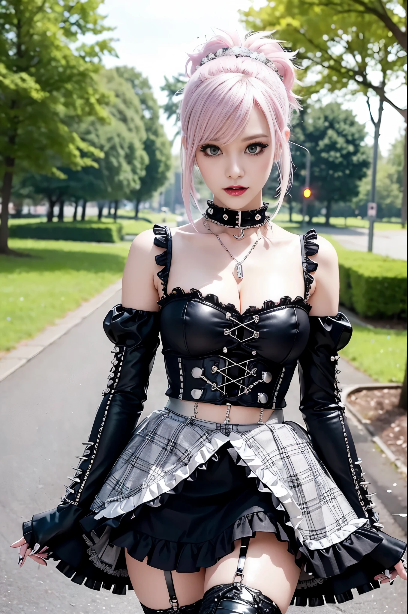 sexy stylish Swedish model, only 1 female, ((doll-like appearance)), short neon pink stylish hair, ((shiny Punk-Style boots)), (beautiful smile), ultra detailed eyes, Punk makeup, lipgloss, ((sexy Punk ta cosplay)), unconventional skirt, petticoats, high neckline, ((ultra detailed lace)), ((ultra detailed embroidery)), intricate details, tartan patterns, (silver chains), (silver spikes), (safety pins), Punk Loliccessoires, Punk Lolita cr, ((large sparkling Punk Lolita jewel, cinematic light, detailed large park background with trees
