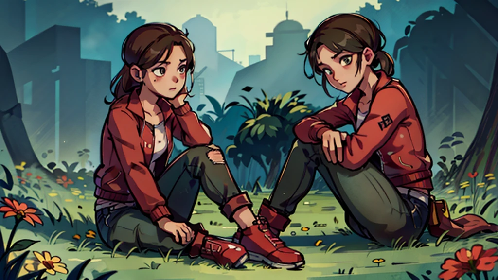 zoey from left 4 dead 2, red jacket, jeans pants, 
tied hair, cute, sit in the flowers, green grass, dream scenary, cute, 4K, Ultra HD, High Resolution