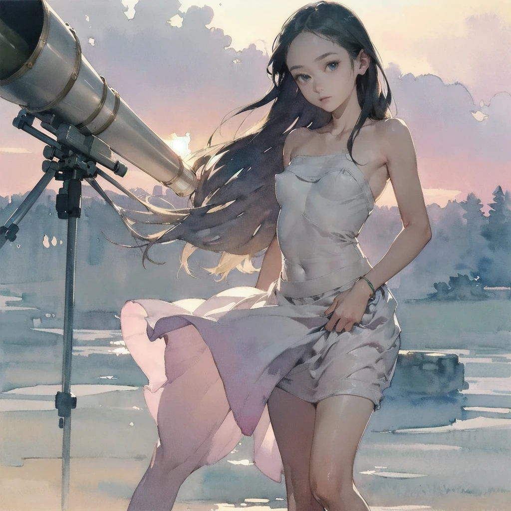 Exquisite slender girl (with a perfect, very beautiful face and almond-shaped eyes) (with a southern skin tone and soft lips) ((at the control panel)) with tender (breasts (wit soft pink nipples)) ((in a lot skirt on a naked body)) ((costs)) (((oot))) ((in a spaceship cabin)) ((on another planet)) ((with electro bracelets on the arm and ankle)) (with musical instruments) (с обнажённой маленькой breasts и стройной талией); (cozy ip cabin); (old instruments and equipment), (((telescope and observatory equipment))); ((precious jewelry on the chest and wrists and ankles)); ((dawn morning summer gentle golden light)), ((pastel soft warm shades)); (warm (summer) early morning), ((dawn soft warm light)); (draw ((in watercolor style))); ((very beautiful exquisite face)); (High image quality, High detail); ((big alien eyes), skinny); ((Gentle (Mint Shades))), (sfumato)