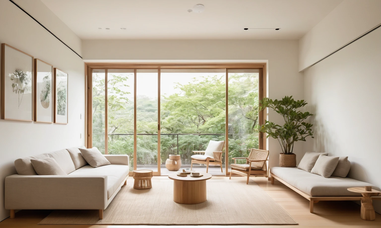 Minimalist Muji-style bedroom, neutral color palette, natural materials, soft lighting, low-profile white couch, wooden chair, natural wood furniture, indoor plants, minimalist wall art, woven rug, natural light, tranquility, functionality, harmonious blend, large doors look to balcony on the right, The room is free of clutter, emphasizing functionality and simplicity, characteristic of the Muji style.
The ceiling is flat with recessed downlights arranged in a sparse, straight line pattern, providing subtle and even illumination throughout the room.
((8k)), high quality detail, soft lighting, minimalist design, neutral color palette, natural materials, clean lines, serene and inviting, modern Japanese aesthetic, flat ceiling, recessed downlights.