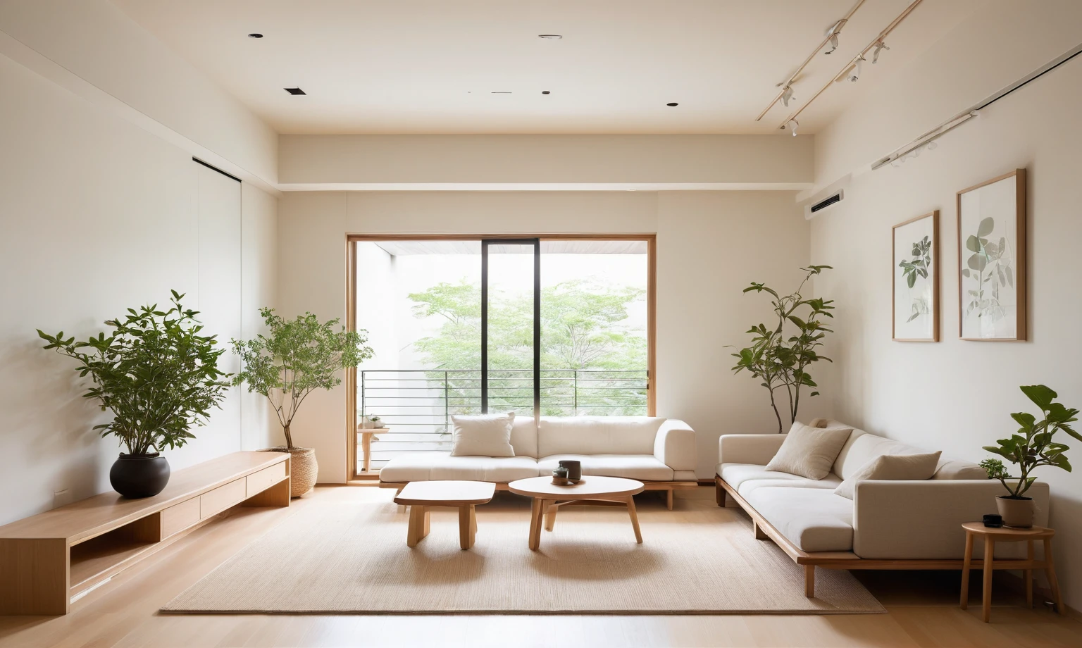 Minimalist Muji-style bedroom, neutral color palette, natural materials, soft lighting, low-profile white couch, wooden chair, natural wood furniture, indoor plants, minimalist wall art, woven rug, natural light, tranquility, functionality, harmonious blend, large doors look to balcony on the right, The room is free of clutter, emphasizing functionality and simplicity, characteristic of the Muji style.
The ceiling is flat with recessed downlights arranged in a sparse, straight line pattern, providing subtle and even illumination throughout the room. 

((8k)), high quality detail, soft lighting, minimalist design, neutral color palette, natural materials, clean lines, serene and inviting, modern Japanese aesthetic, flat ceiling, recessed downlights.
