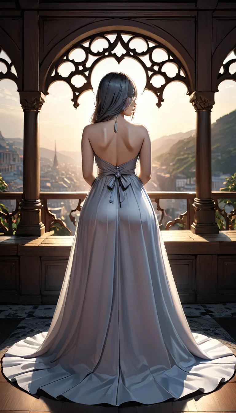 (Highest quality,8K,masterpiece:1.2),Very detailed,One girl, Gray two-tone hair,dress,Long skirt,Beautifully detailed face, Complex,Dramatic lighting,4K,Detailed Background,Caustics,Portraiture,Full Body Shot,Looking at the audience,Back view, Her ass is a nice round shape、The curve is clear, Beautiful lighting enhances the overall atmosphere. Full Body Shotで彼女を魅力的に見せましょう.