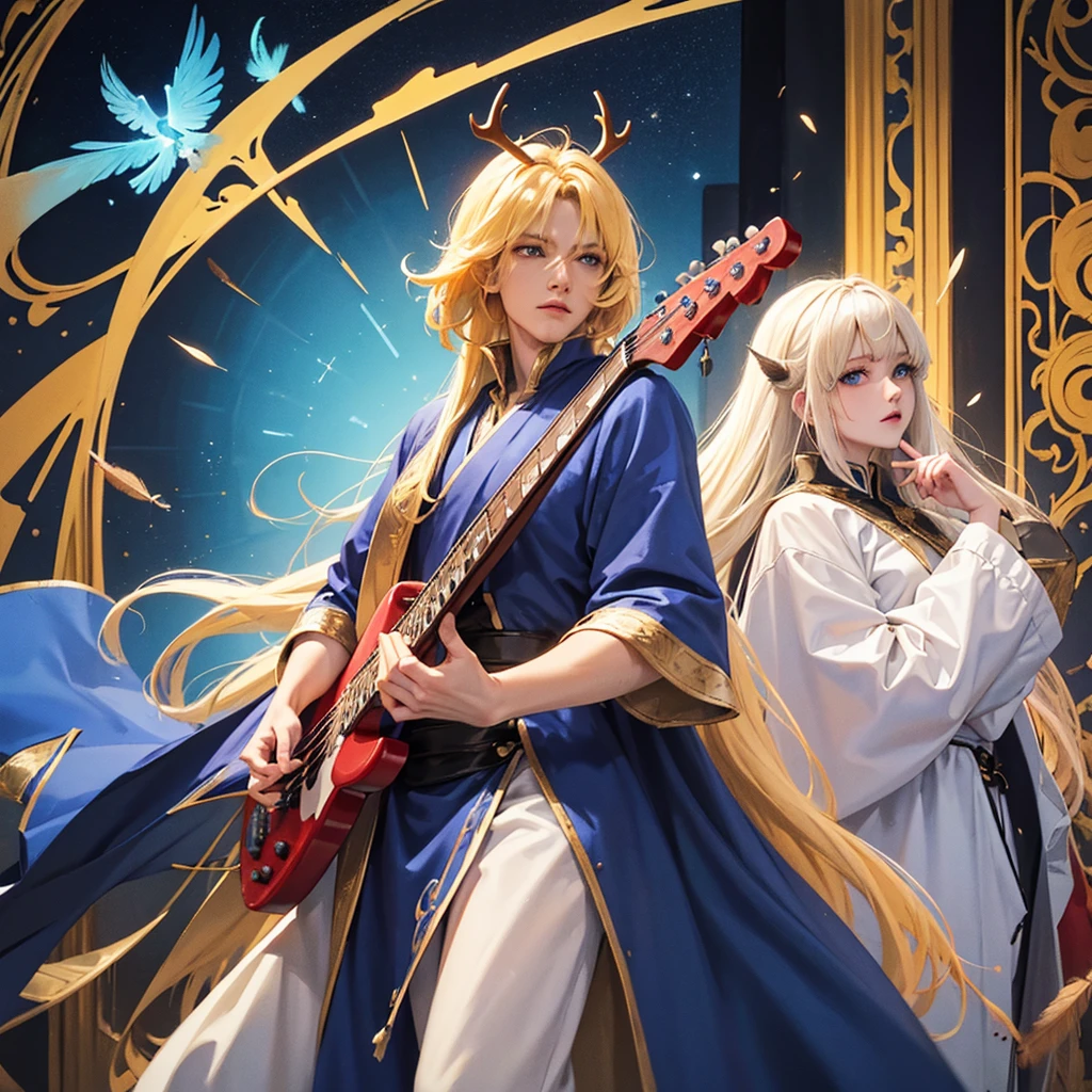 Make a blonde angel man, blue colored eyes, bass guitar, bonitas, dressed in a long cloak, Caucasian skin, and 4 Also make a demon man, with black hair, red skinned, antlers, sharped teeth, yellow eyes, Cao Cao, with feathers a cloth that covers the private parts Make the two as a couple