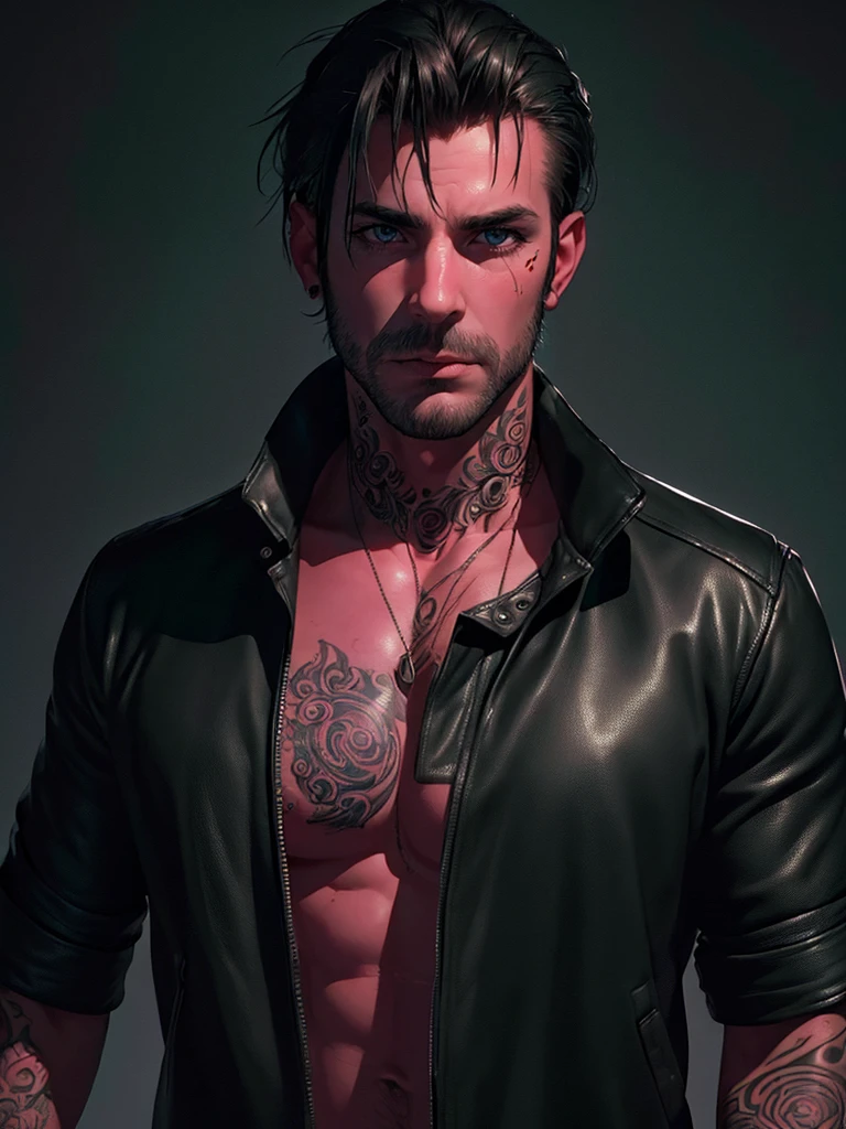 (best quality,4k,8k,highres,masterpiece:1.2),ultra-detailed,(realistic,photorealistic,photo-realistic:1.37),a dark-haired, dark-eyed man, leather jacket, rolled up sleeves, tattoos on neck and arms, black t-shirt, realistic style, vivid colors, dramatic lighting, contrasting shadows and highlights, monochromatic background