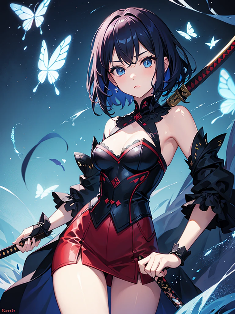 Girl with short scarlet hair, blue eyes, butterfly decoration in hair, using a dark energy katana