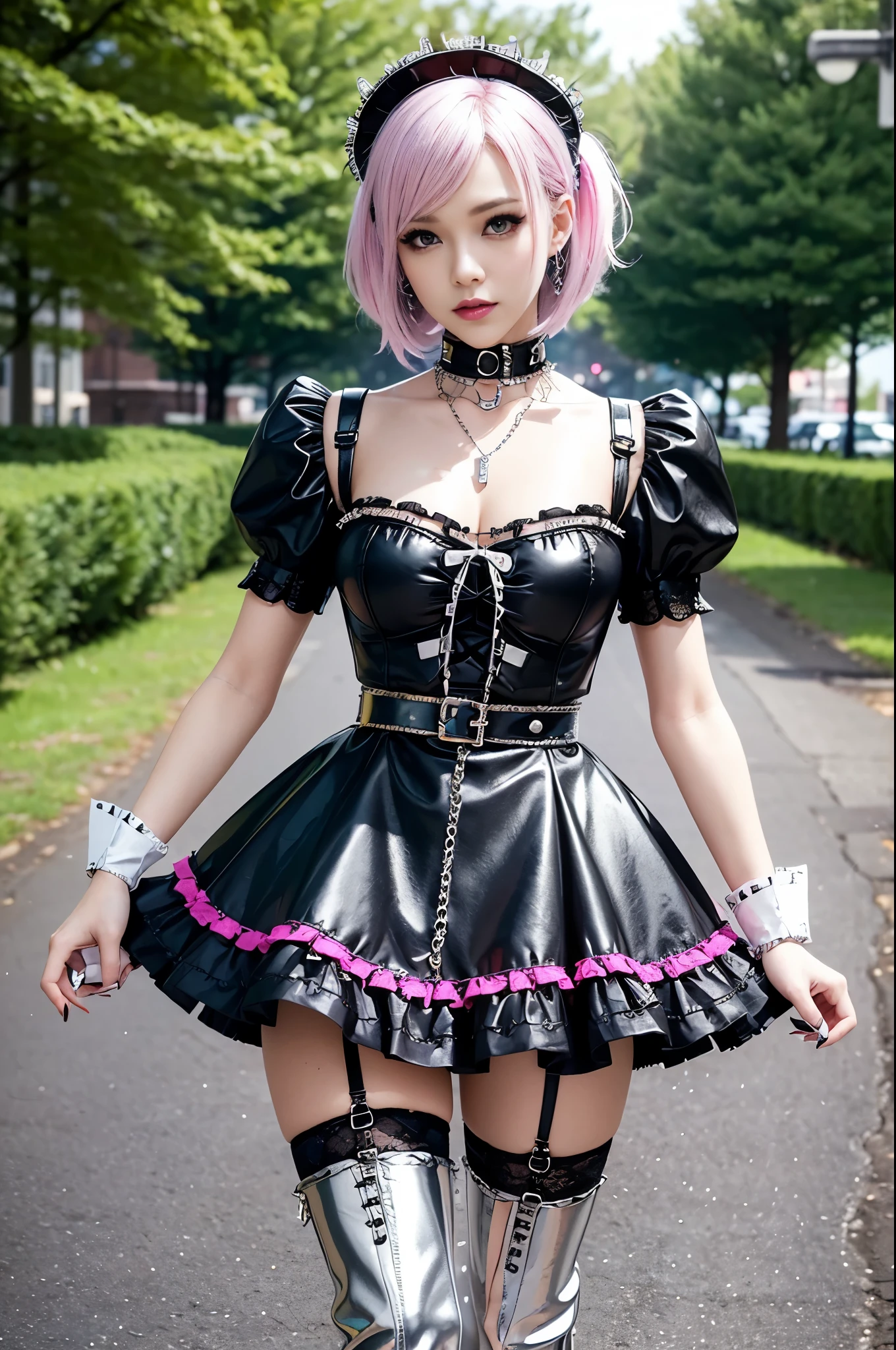 sexy stylish Swedish model, only 1 female, ((doll-like appearance)), short neon pink stylish hair, ((shiny Punk-Style boots)), (beautiful smile), ultra detailed eyes, Punk makeup, lipgloss, ((sexy Punk Lolita cosplay)), unconventional skirt, petticoats, high neckline, ((ultra detailed lace)), ((ultra detailed embroidery)), intricate details, tartan patterns, (silver chains), (silver spikes), (safety pins), Punk Lolita accessoires, Punk Lolita choker, ((large sparkling Punk Lolita jewelry)), cinematic light, detailed large park background with trees
