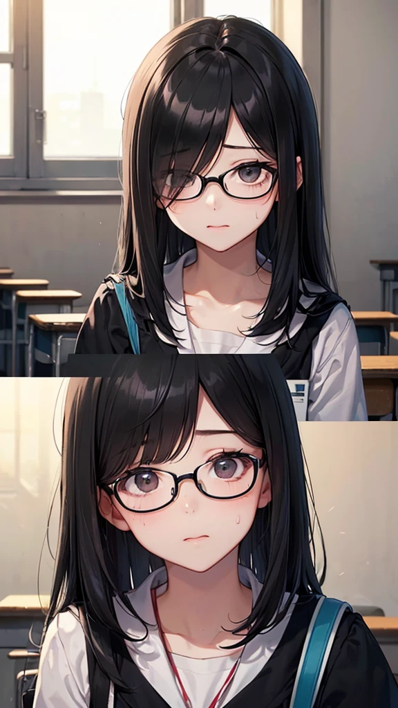 summer、An empty school classroom、thick、Sweat、、high school girl、Student Bags、、Low length、(((((Eyes hidden by long bangs)))))、(((Long black hair:1.2 hair band)))(((Black-rimmed glasses:1.2 black eye)))、Backlight、evening、Nostalgic atmosphere、Look at this、Bird's-eye view、Full Shot、glamorous、loose socks、Checkered mini skirt、Navy knit vest、Are standing、sneakers、Skirt Lift、Showing sexy panties、Flipping up the skirt with both handysterious、avert your eyes、Visible from afar