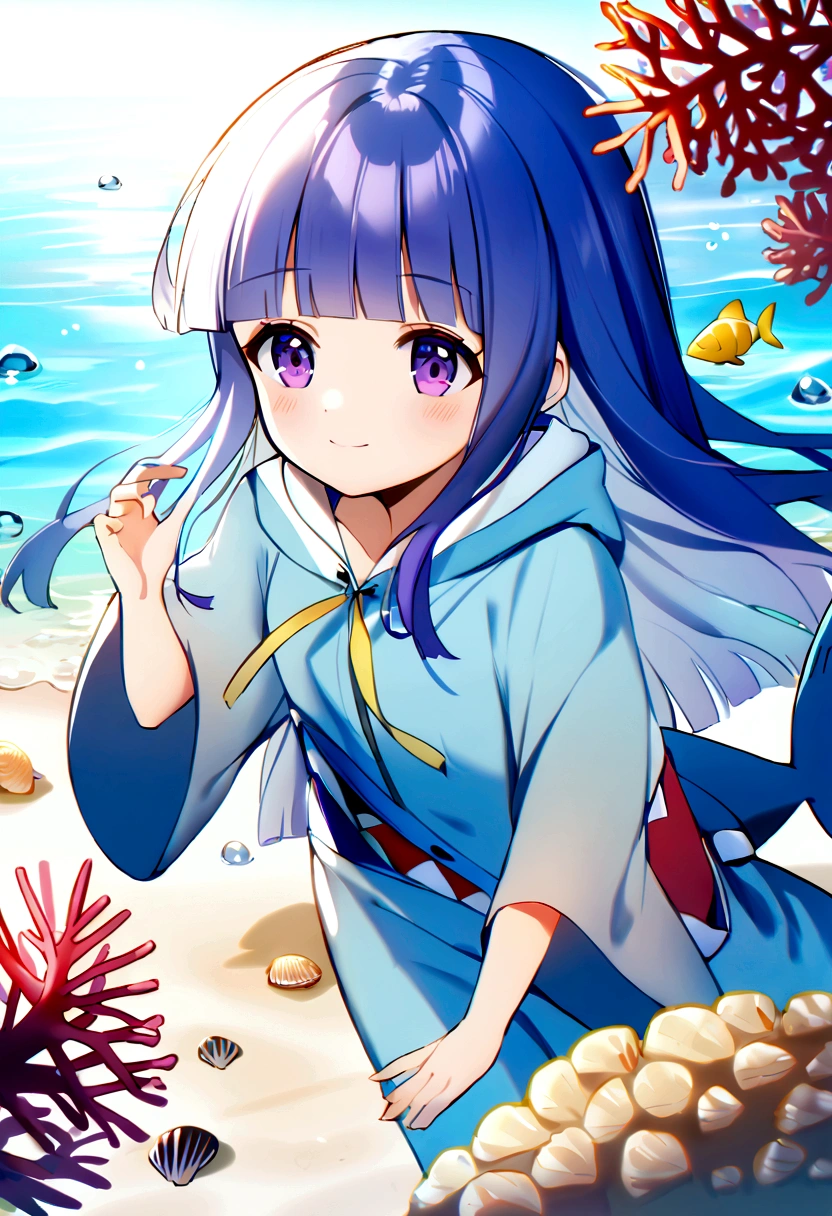 1 Girl, alone, Blue Hair, Purple eyes, Long Hair, blunt bangs, bangs,(Shark Costume), Shark Costumeを着た女の子がビーチで波と遊んでいるシーン。Coral reefs and sandy beaches in the background、Seashells and other sea items are scattered throughout、They are playing with the waves with a happy look on their faces.。The sunlight is shining off the ocean and her costume.。