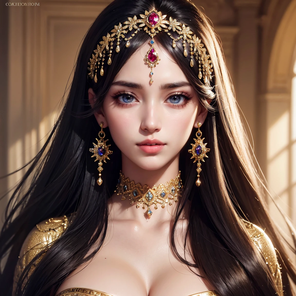 a worshiper of Dibella, beautiful detailed eyes, beautiful detailed lips, extremely detailed face and skin, long eyelashes, long flowing hair, ornate headpiece, intricate embroidered robe, glowing aura, dramatic lightingvibrant colorsfantasy landscapecinematic compositionhighly detailedphotorealisticmasterpiece
