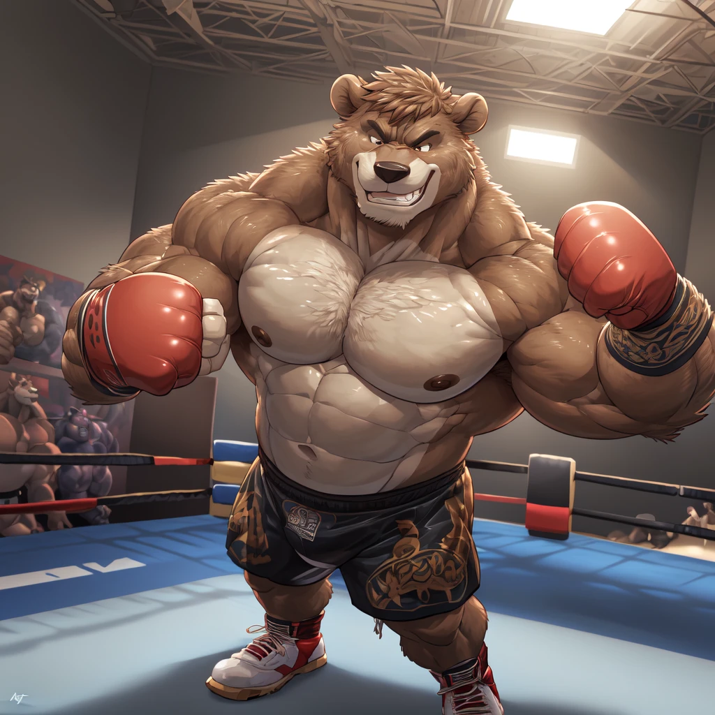((solo)), (anthro:1.2) bear (lora; little john), adult, (athletic:1.4), (dense muscles), (super strong:1.4), (correct anatomy:1.2), (broad shoulders:1.2), (heavy build, massive body:1.6), (realistic fur, detailed brown fur texture:1.3), kickboxing martial arts tournament background (corner of the kickboxing MMA ring:1.6), photorealistic, (black compression shorts), (bare torso:1.4), (footwear:1.2), (detailed kickboxing martial arts black shorts), hyperrealistic, ultradetailed, (by wfa:1.2), (by takemoto_arashi, by vorusuarts, by Traver009:1, by grimfaust:1), natural lighting, (oiled up:1.4), ursine head (open eyes, brown mane), (sexy:1.2), ((serious grin:1.4) expression), (punching:1.4), (view from center:1.4)