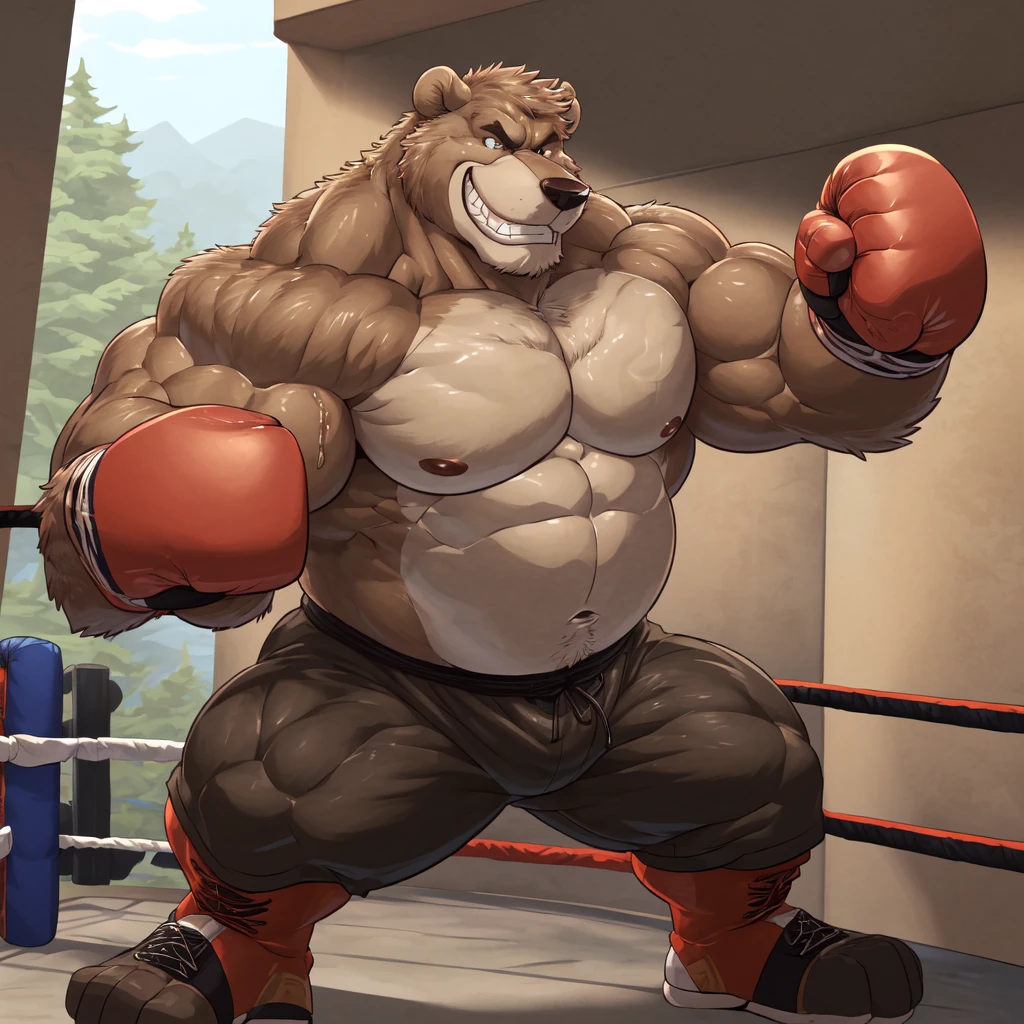 ((solo)), (anthro:1.2) bear (lora; little john), adult, (athletic:1.4), (dense muscles), (super strong:1.4), (correct anatomy:1.2), (broad shoulders:1.2), (heavy build, massive body:1.6), (realistic fur, detailed brown fur texture:1.3), kickboxing martial arts tournament background (corner of the kickboxing MMA ring:1.6), photorealistic, (black compression shorts), (bare torso:1.4), (footwear:1.2), (detailed kickboxing martial arts black shorts), hyperrealistic, ultradetailed, (by wfa:1.2), (by takemoto_arashi, by vorusuarts, by Traver009:1, by grimfaust:1), natural lighting, (oiled up:1.4), ursine head (open eyes, brown mane), (sexy:1.2), ((serious grin:1.4) expression), (punching:1.4), (view from center:1.4)