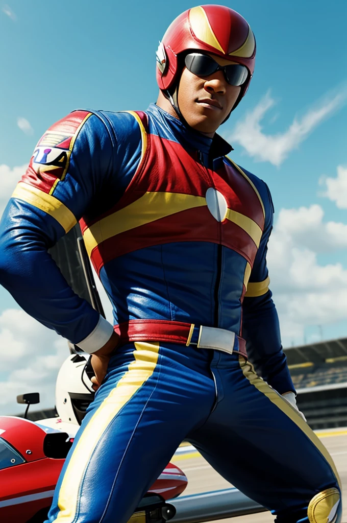 A super realistic image of Captain Falcon, the famous racing driver from the F-zero franchise 
