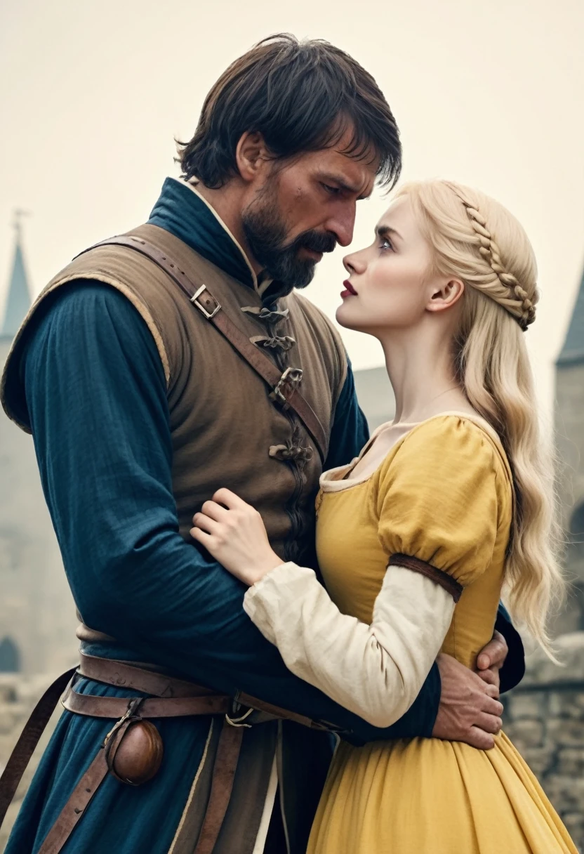 Tall and strong man with brown hair torturing a yellow-haired woman in a medieval war