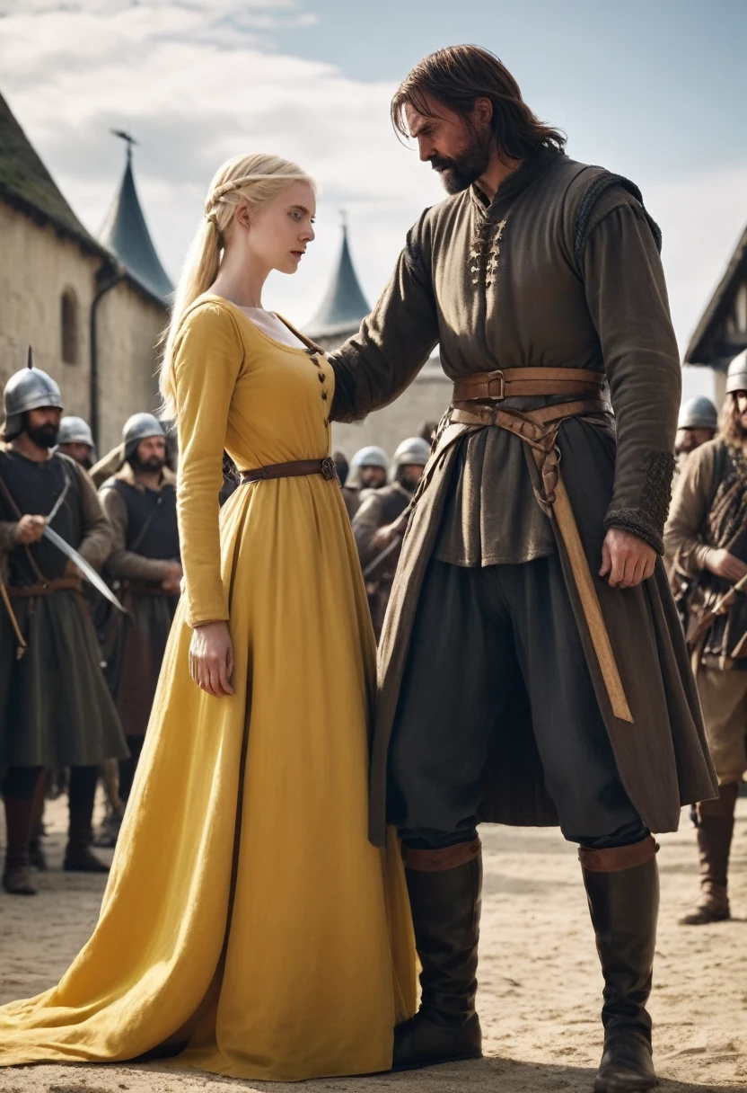 Tall and strong man with brown hair torturing a yellow-haired woman in a medieval war