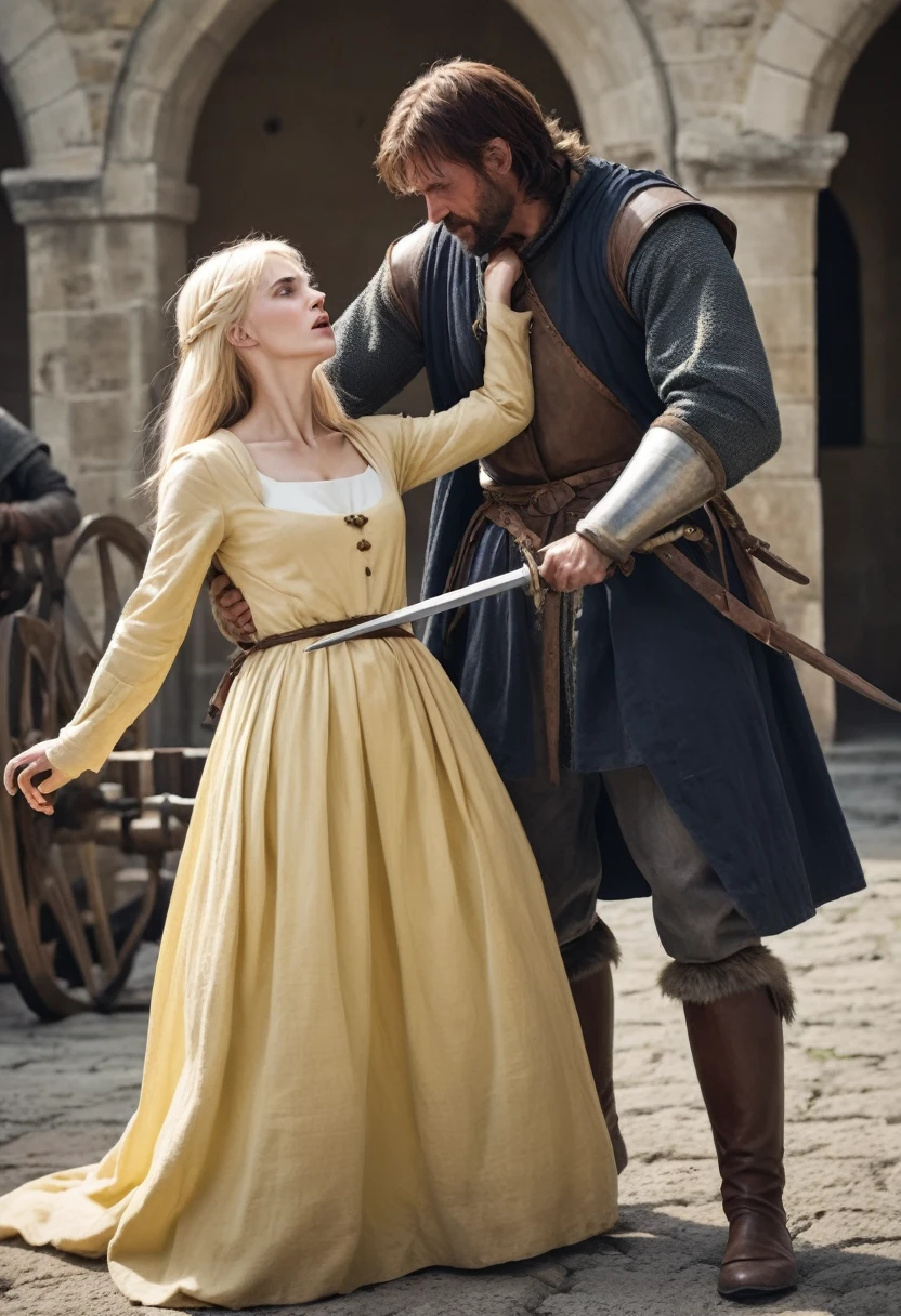 Tall and strong man with brown hair torturing a yellow-haired woman in a medieval war