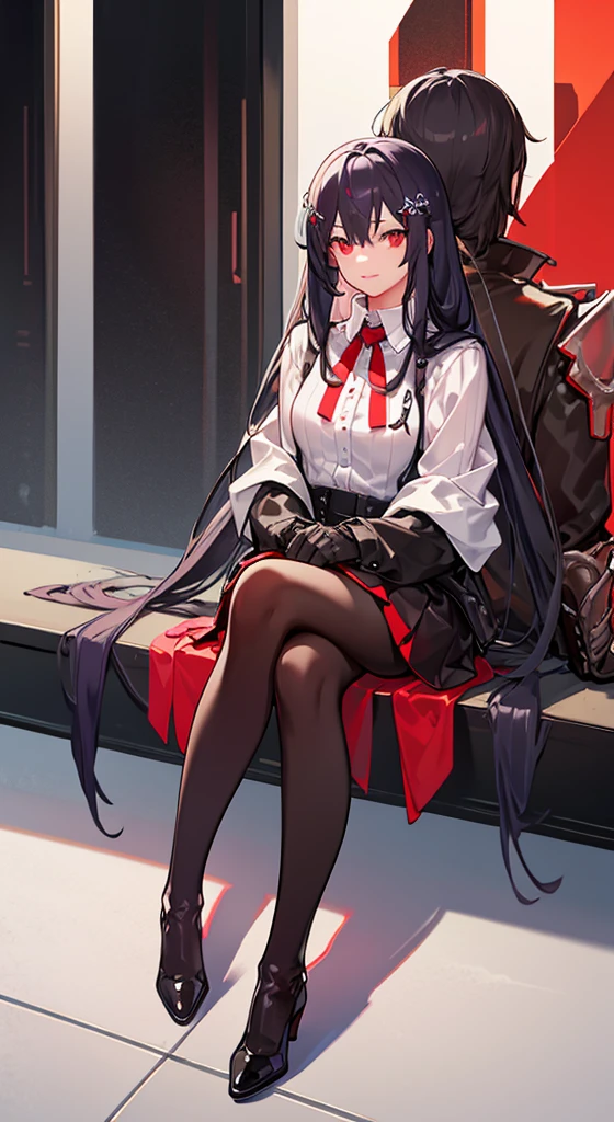 Girl with long white hair, red eyes, sitting on a guy with long black hair