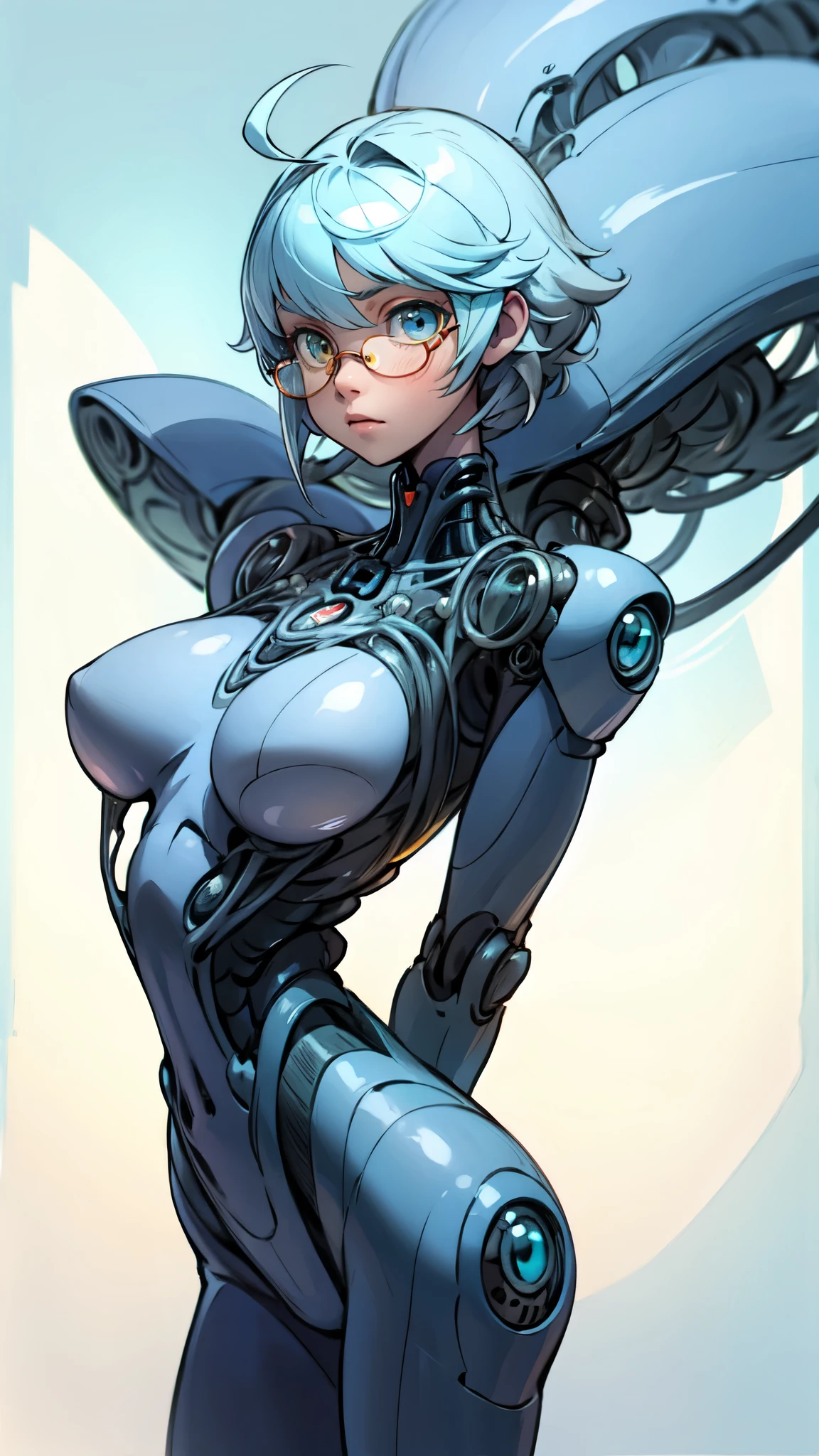 1 girl, thin body, dynamic poses, (accurate medium breasts:1.2), ultra-detailed, (viewer facing:1.2), (bright sunny day:1.2), (Intricate body details:1.3),(best quality:1.2), (Ultra Highres:1.1), carefully drawn hands, highly detailed face and eyes, (short dark blue hair:1.3), short bobcut, (huge ahoge:1.3), (glasses:1.3), (big yellow eyes:1.2), (sexy gynoid girl:1.2), (partially nude:1.2), full body shot, standing, front view, (futuristic library), bookshelfs, books, blury background, (transparent skin:1.2), internal glow from skin, mechanical parts of the robot are visible through the skin, doll joints, refphotofront