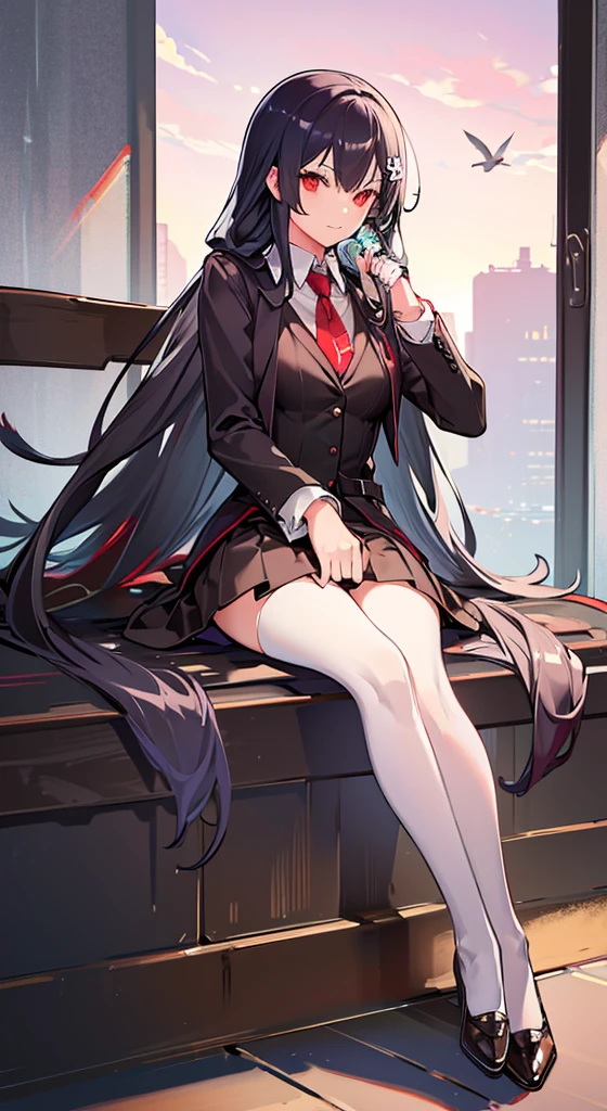 Jill Stingray,
tie, tights, skirt, Vest, White shirt, fur trim, open coat, red coat, night, cityscape, cyberpunk, smoking, relaxed,
masterpiece, Best quality