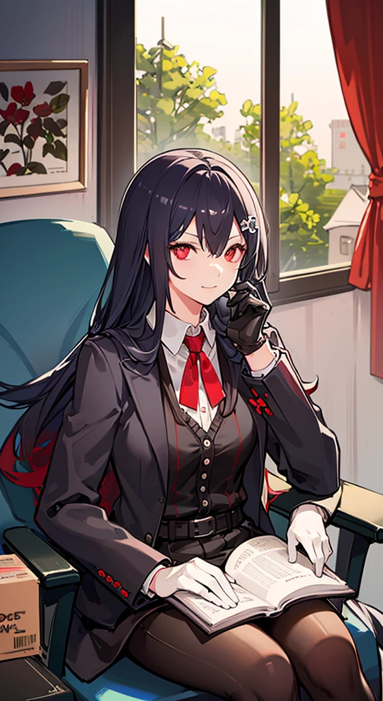 Girl with long white hair, red eyes, sitting on a guy with long black hair