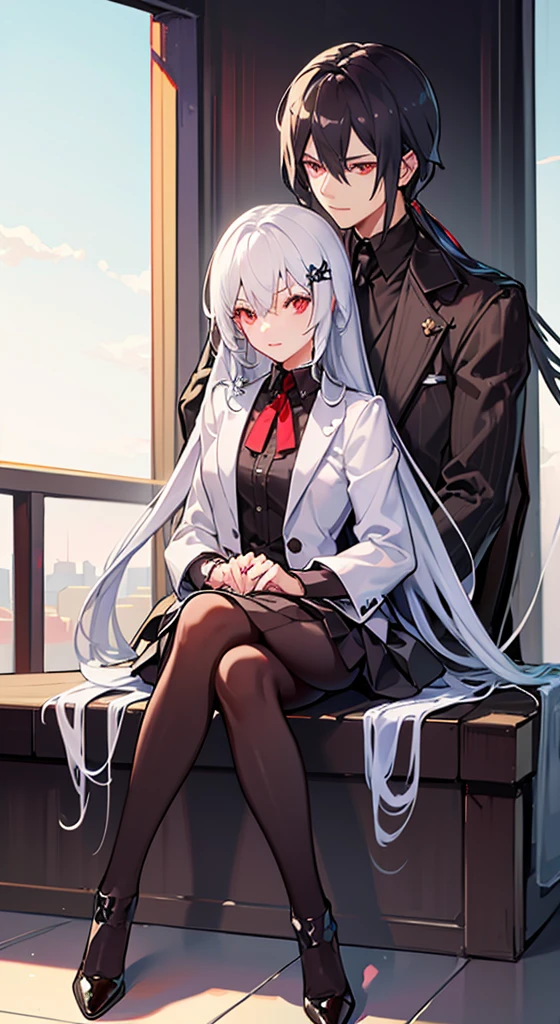 Girl with long white hair, red eyes, sitting on a guy with long black hair