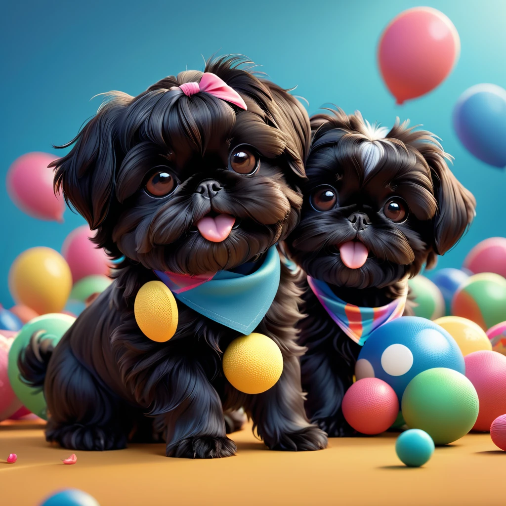 2 adorable small black shih tzu puppies, detailed cute puppies, bright colorful bandannas, stylish sunglasses, playing ping pong, disney cartoon background, 3d render, disney pixar style, vibrant colors, dynamic composition, playful and whimsical, adorable facial expressions, fluffy fur, high detail, photorealistic, 8k, best quality