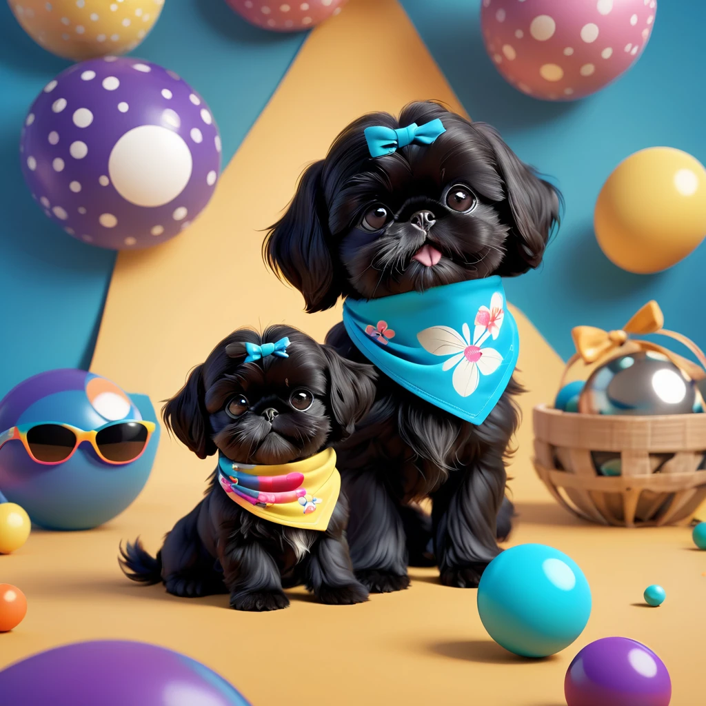 2 adorable small black shih tzu puppies, detailed cute puppies, bright colorful bandannas, stylish sunglasses, playing ping pong, disney cartoon background, 3d render, disney pixar style, vibrant colors, dynamic composition, playful and whimsical, adorable facial expressions, fluffy fur, high detail, photorealistic, 8k, best quality