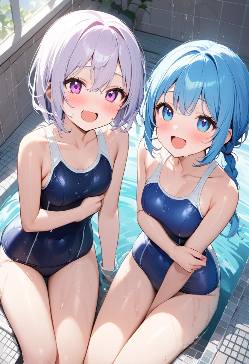 Highest quality、High resolution、Detailed Background、Beautiful face in every detail、Detailed facial expressions、Detailed eyes、age beauty、cuteカラーの髪色、Braided Ponytail、Braided bob cut、Braided twin tails、Navy school swimsuit、Perfect body line、School swimming pool、

(Two girls in school swimsuits cooling off in the shower:1.5)、

A big smile、Laughing with your mouth open、My whole body is wet、My hair is wet too、A fun atmosphere、cute仕草、Hydrate、Cool the body with cold water、cute