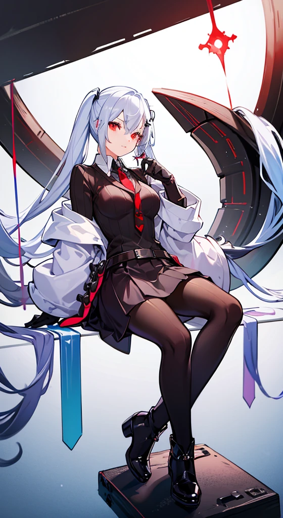 Girl with long white hair, red eyes, sitting on a guy